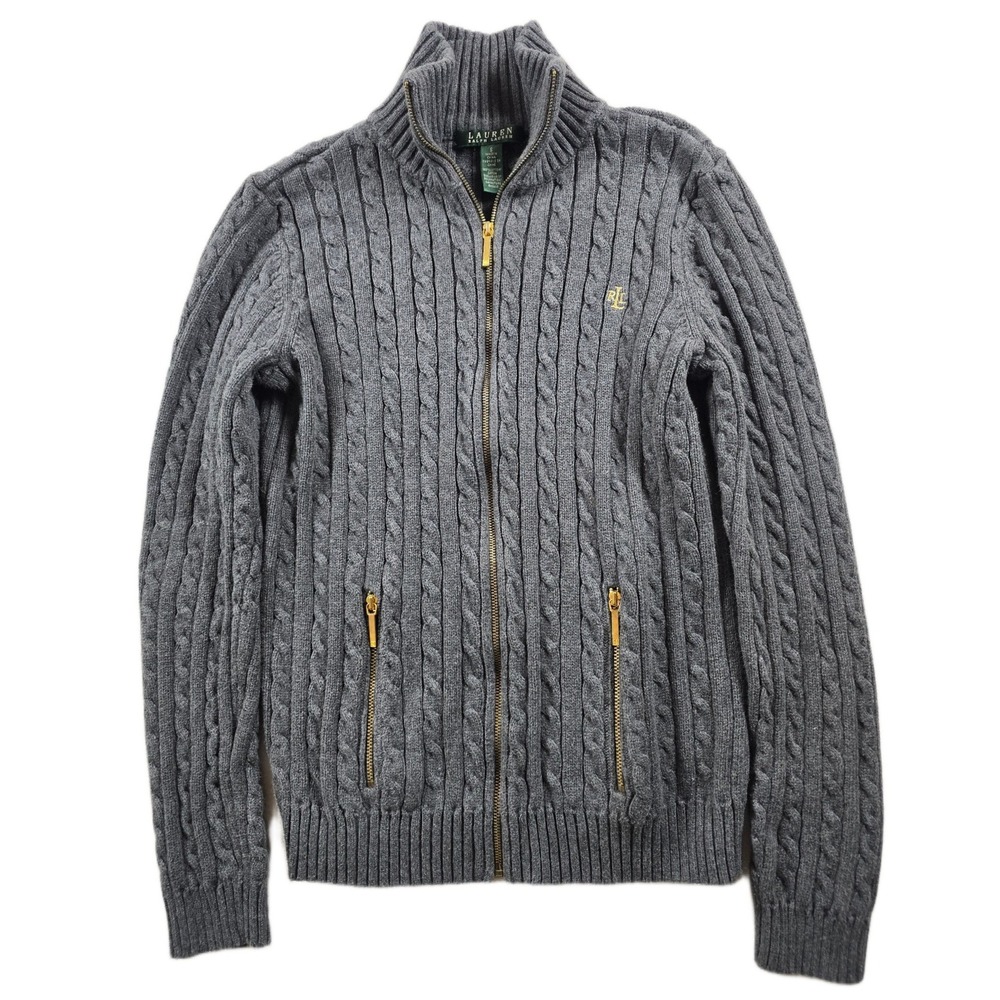 Lauren Ralph Lauren Cardigan Sweater Women Small Gray Cotton Cable Knit Full Zip